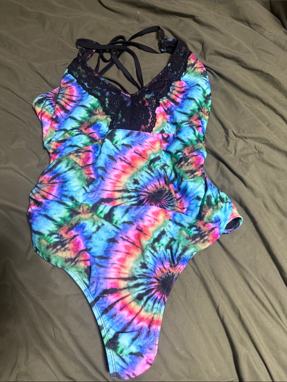 Alexis Multicolor Tie-Dye One-Piece Swimsuit with Black Lace Trim